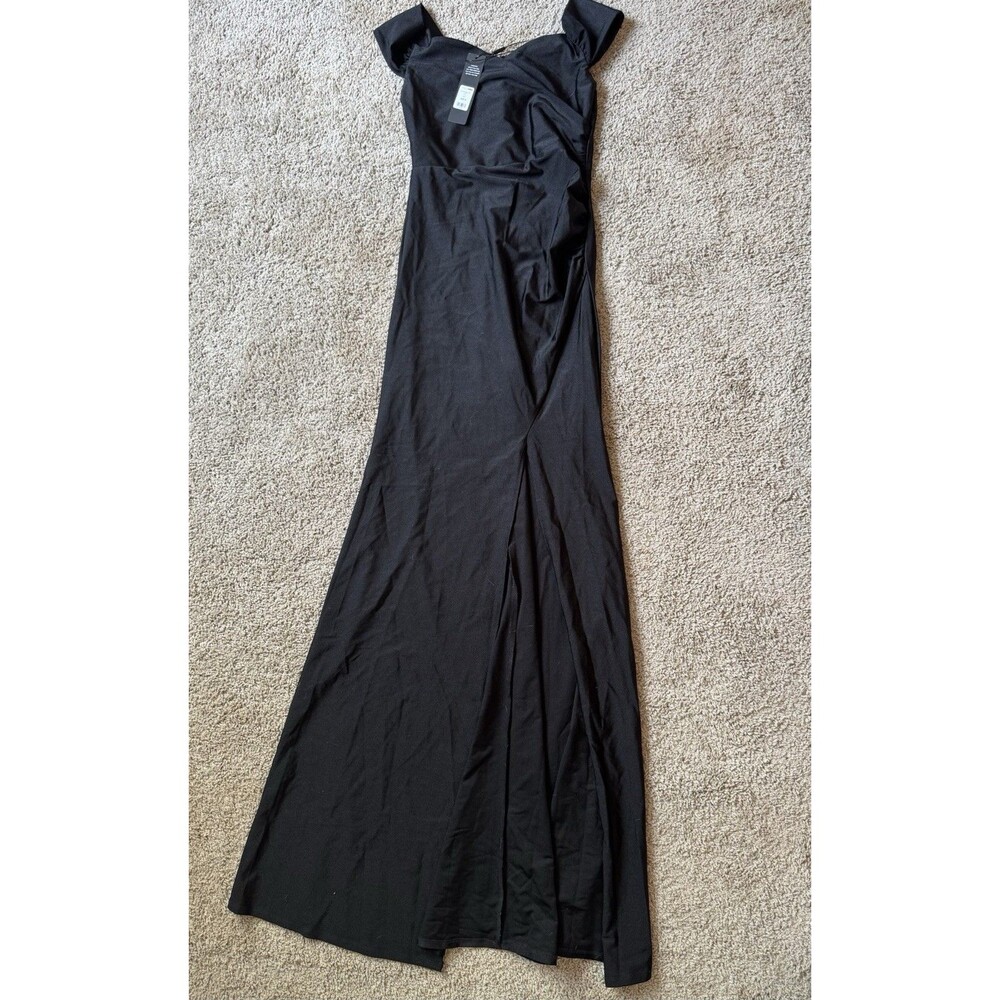 Fashion Nova Black Ruched Stretch Knit Maxi Dress V-Neck Short Sleeve M